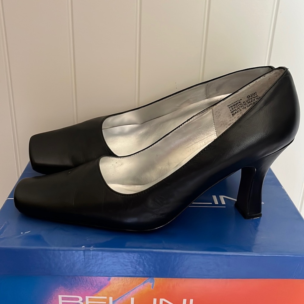Bellini Black Leather Square-Toe Mid-Heel Pumps